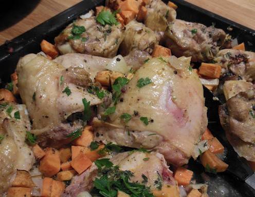 Rezept für Hühnerteile mit Granatapfel und Süßkartoffeln